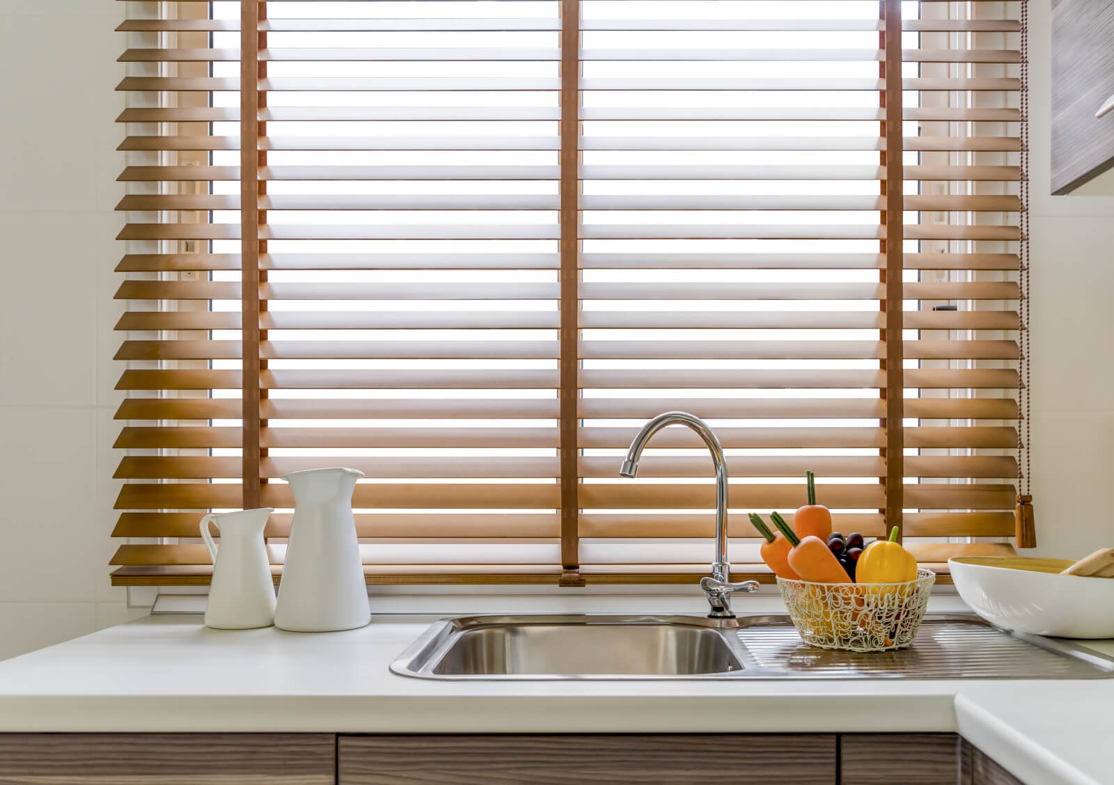 faux wood kitchen window blinds install Lake County FL